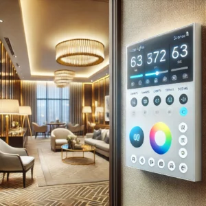 Sistema di controllo dell'illuminazione smart in un hotel boutique che permette di regolare le luci per diverse atmosfere.