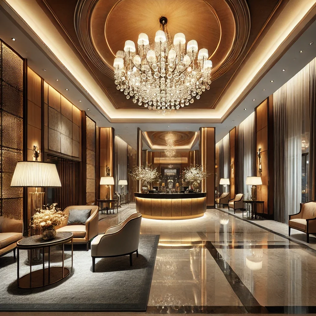 Lobby di un hotel boutique di lusso con lampadario centrale, faretti regolabili su elementi architettonici e atmosfera accogliente con illuminazione ambientale e d'accento